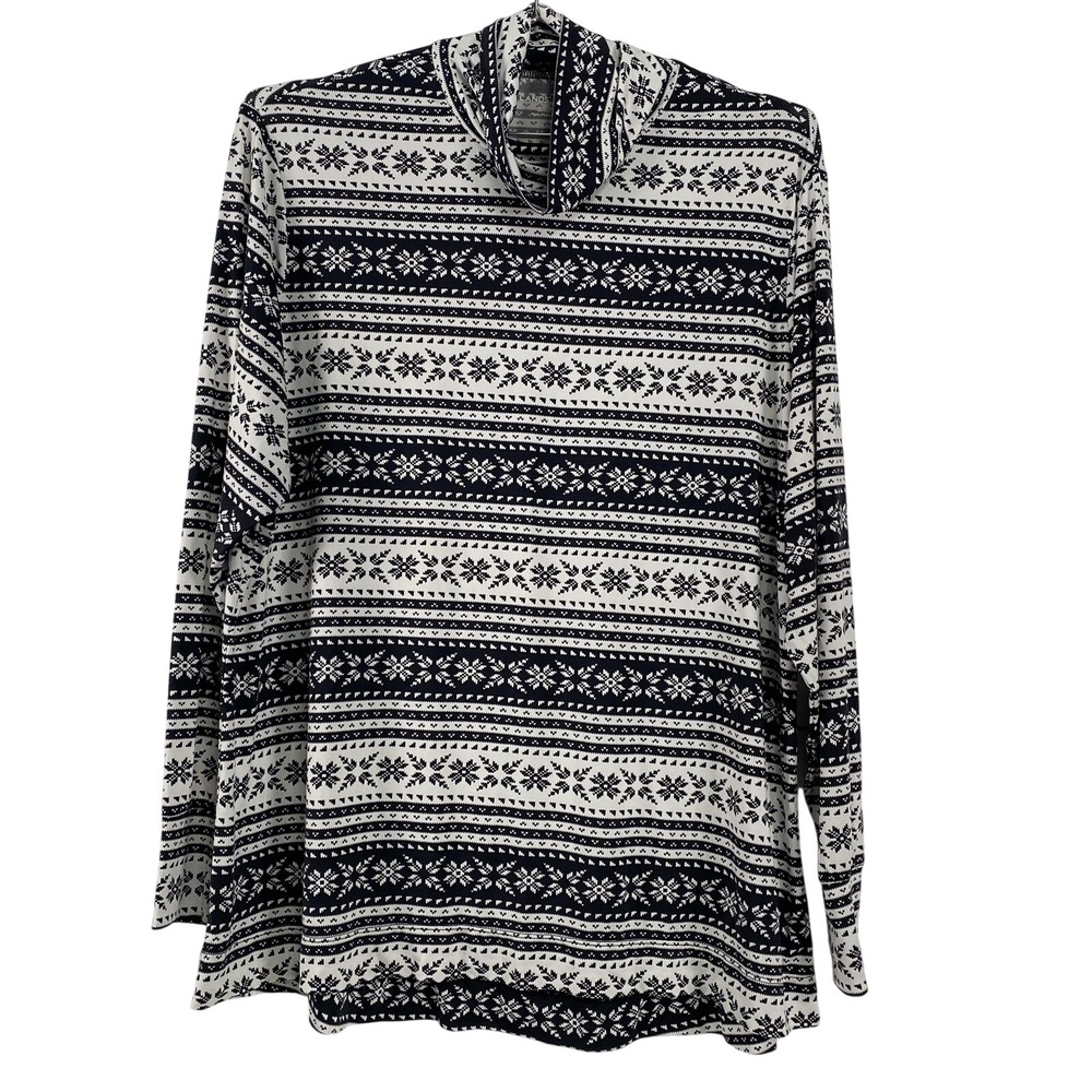 Lands' End Shirt Womens 2X Black White Fair Isle Cowl Neck Long Sleeve Plus Size
